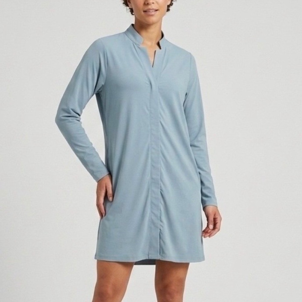 ADAY Something Borrowed Dress Blue Long Sleeve Mandarin Collar Pockets Large